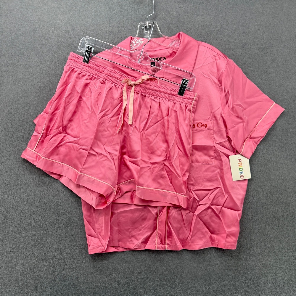 PRIDEO Pink Satin Pajama Set Sleepy‎ Gay Embroidered Top Shorts M